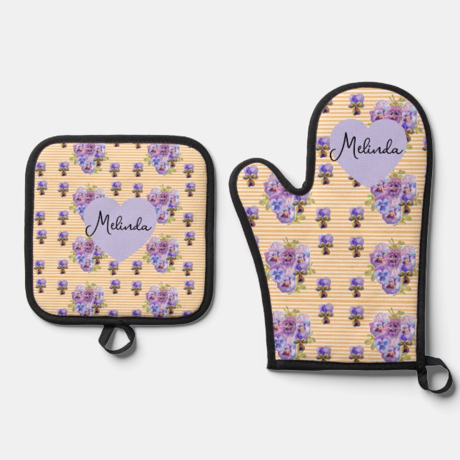 Floral Purple Viola Yellow Pansy Christmas Name Oven Mitt & Pot Holder Set (Front)
