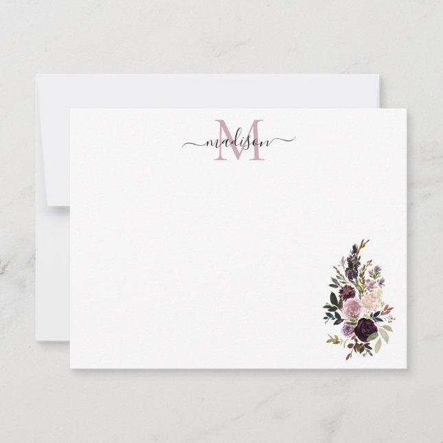 Floral Purple Watercolor Rose Bouquet Monogram Card (Front)