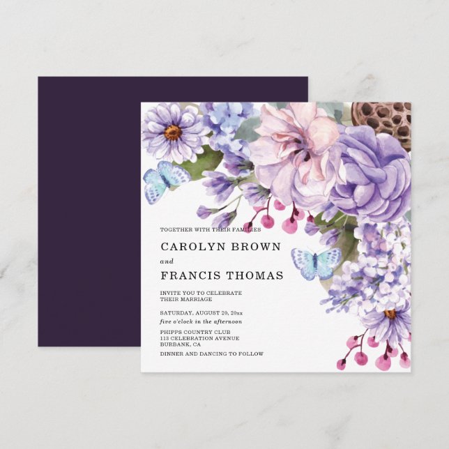 Floral Purple Watercolor Wedding Invitation (Front/Back)