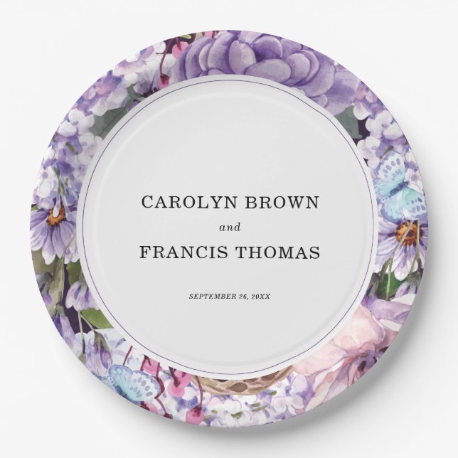 Floral Purple Watercolor Wedding Personalized Paper Plate (Front)