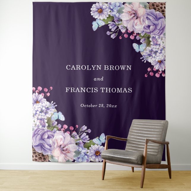 Floral Purple Watercolor Wedding Personalized Tapestry (In Situ)