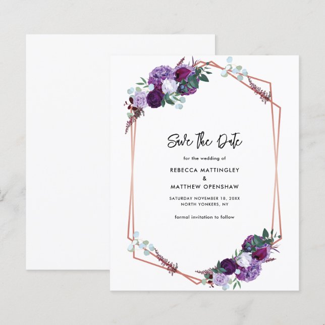 Floral Purple Wedding Save the Date Announcement (Front/Back)