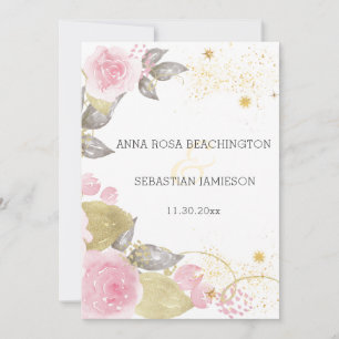 *~* Floral QR Pink Roses AR15 - RSVP Gold Wedding Invitation