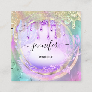 Floral QRCode Acrilic Nails Drips Holograph  Square Business Card