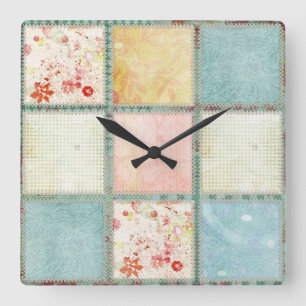 Floral Quilt Squares Square Wall Clock