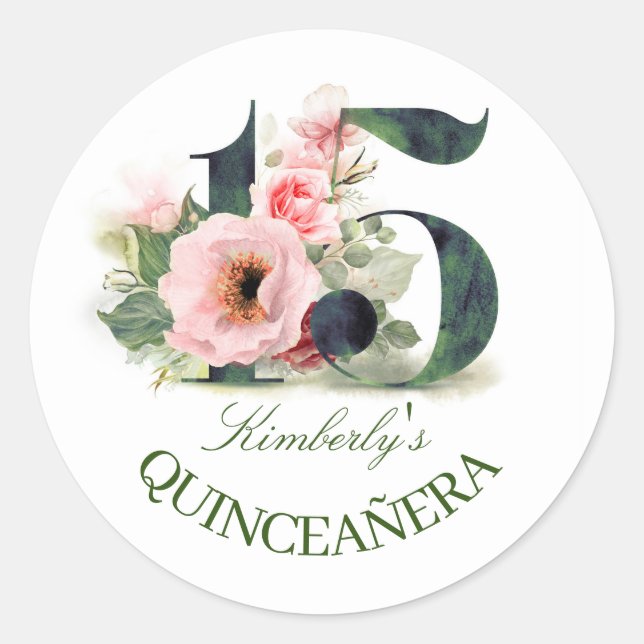 Floral Quinceanera Classic Round Sticker (Front)