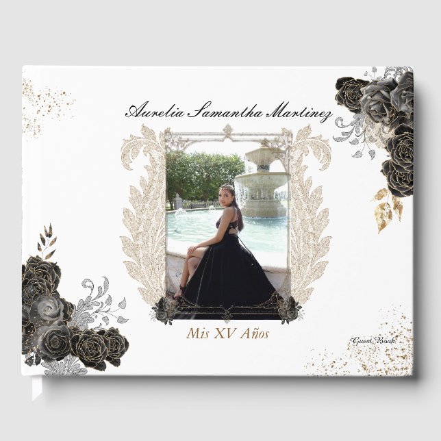Floral Quinceañera Guest Book Black and Gold  (Front)
