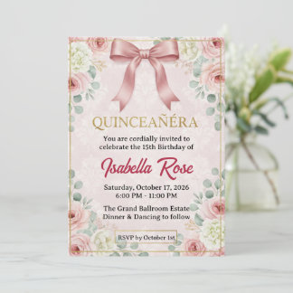 Floral Quinceañera with Pink Coquette Bow Invitation
