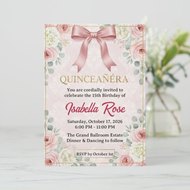 Floral Quinceañera with Pink Coquette Bow Invitation (Standing Front)