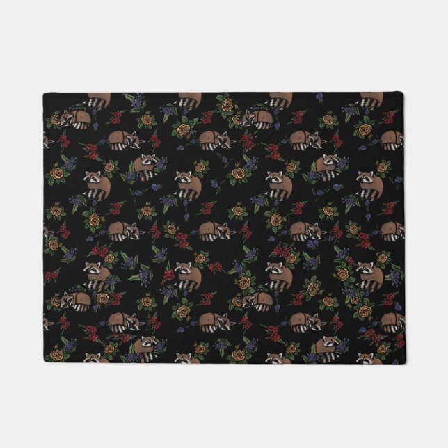 Floral Raccoons Cute Sleeping Raccoon Pattern Doormat (Front)