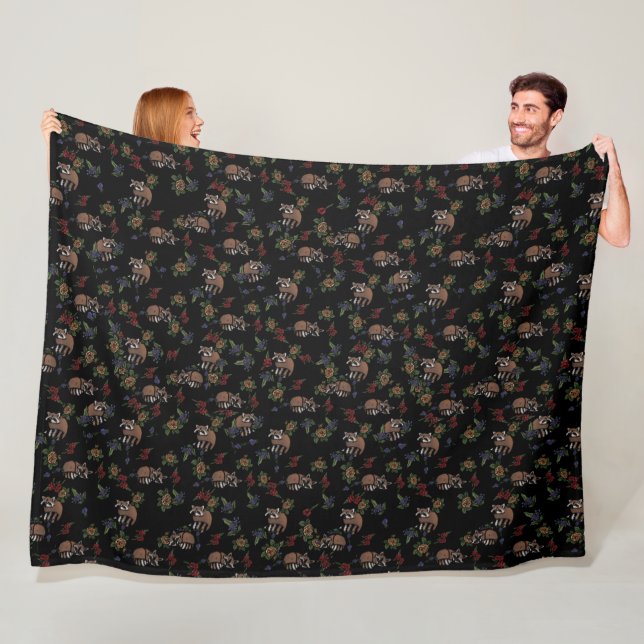 Floral Raccoons Cute Sleeping Raccoon Pattern Fleece Blanket (In Situ)