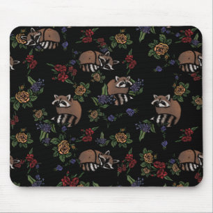 Floral Raccoons Cute Sleeping Raccoon Pattern Mouse Pad