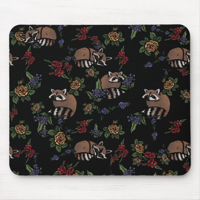 Floral Raccoons Cute Sleeping Raccoon Pattern Mouse Pad (Front)