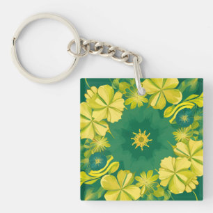 Floral Radiance: Yellow & Green Botanical Pattern Keychain