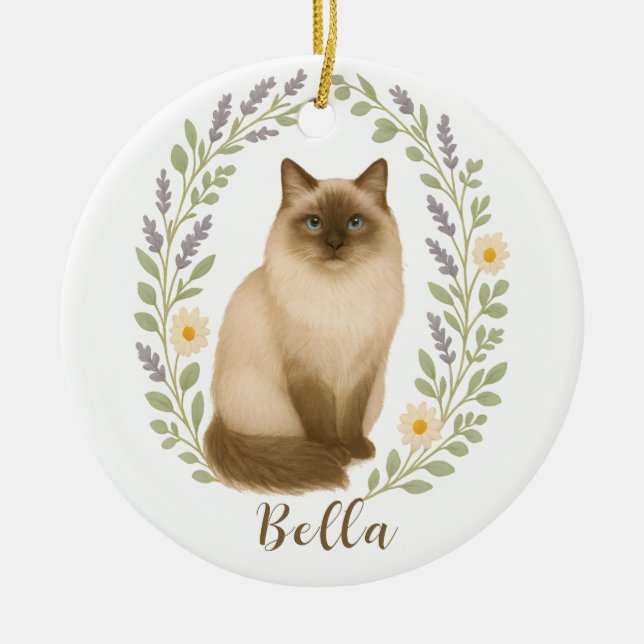Floral Ragdoll Cat Frame Personalized Name Ceramic Ornament (Front)