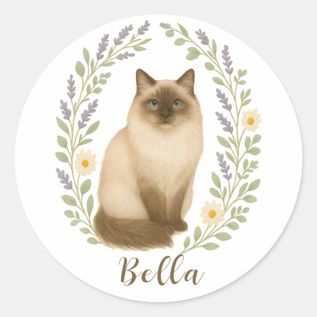 Floral Ragdoll Cat Frame Personalized Name Classic Round Sticker (Front)