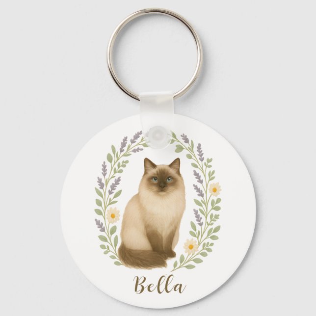 Floral Ragdoll Cat Frame Personalized Name Keychain (Front)