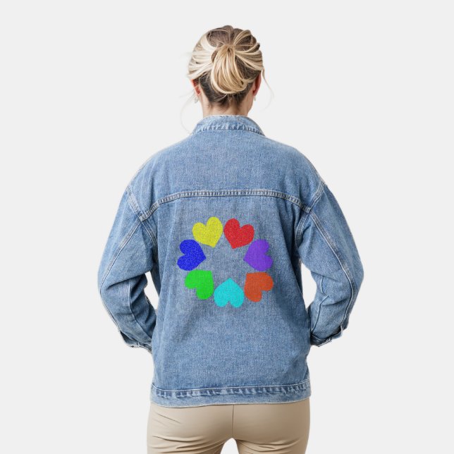 Floral Rainbow Love Hearts Denim Jacket (Model)