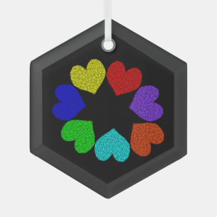 Floral Rainbow Love Hearts Glass Ornament
