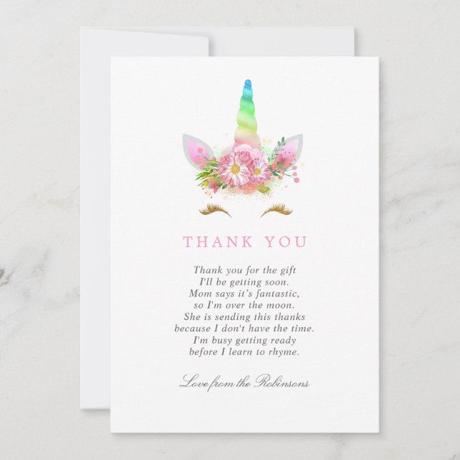 Floral Rainbow Unicorn Girl Baby Shower Thank You (Front)