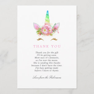 Floral Rainbow Unicorn Girl Baby Shower Thank You Card
