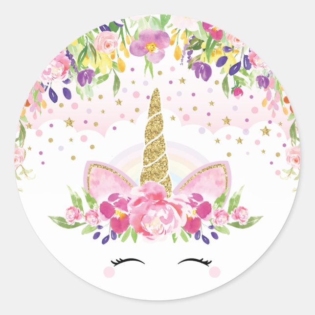 Floral Rainbow Unicorn Merci Sticker Faveurs (Devant)
