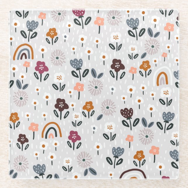 Floral Rainbows: Hand Drawn Seamless Texture Glass Coaster (Front)