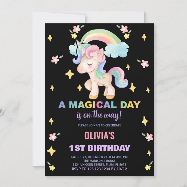 Floral Rainbows Unicorn Invitations d'anniversaire (Devant)