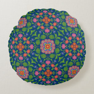 Floral Rangoli, Deep Blue Round Pillow or Cushion