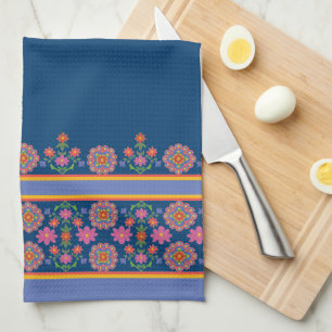 Floral Rangoli Pattern Border, Blue Kitchen Towel