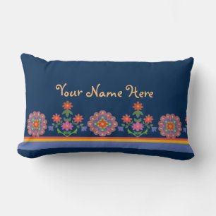 Floral Rangoli Pattern Border, Blue Lumbar Pillow