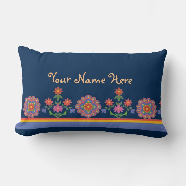 Floral Rangoli Pattern Border, Blue Lumbar Pillow (Front)