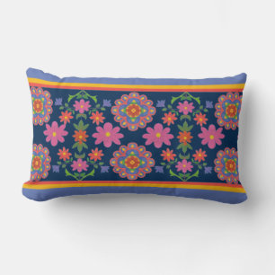 Floral Rangoli Pattern Border, Blue Lumbar Pillow