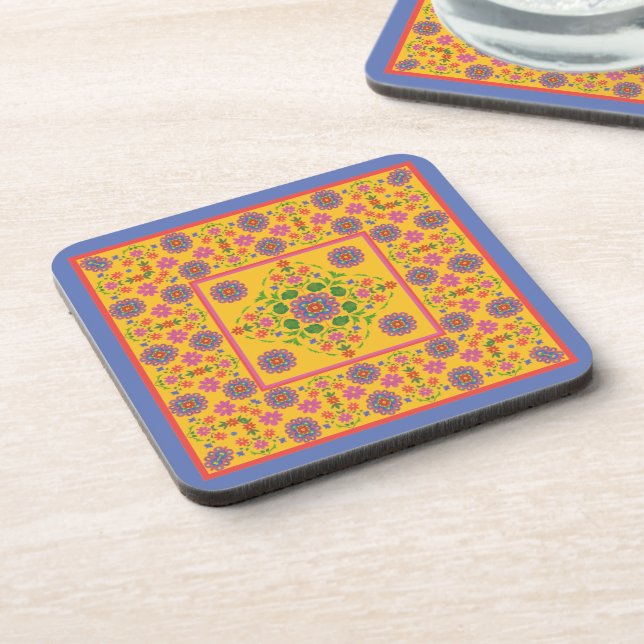 Floral Rangoli Pattern Border on Yellow Coasters (Left Side)