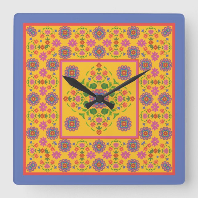 Floral Rangoli Pattern Border on Yellow Wall Clock (Front)