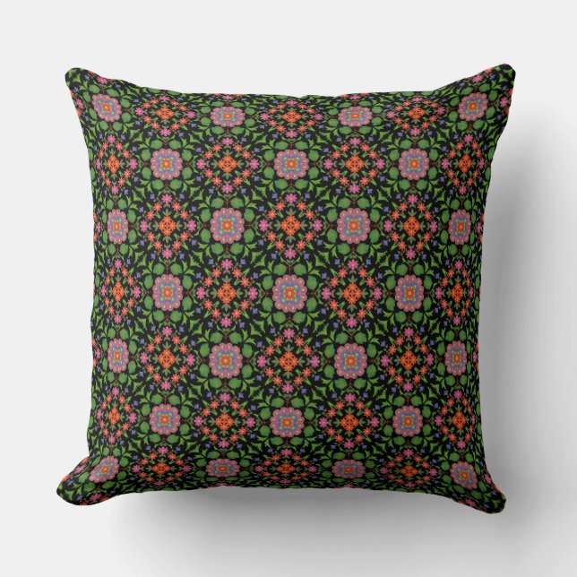 Floral Rangoli Pattern on Black Pillow or Cushion (Front)