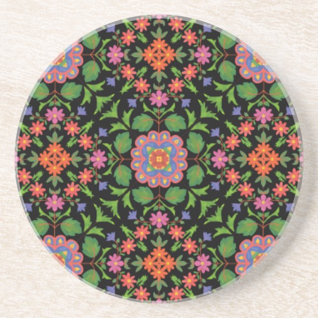 Floral Rangoli Pattern on Black Sandstone Coaster (Front)
