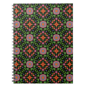 Floral Rangoli Pattern on Black Spiral Notebook