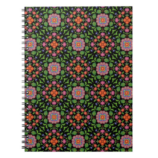 Floral Rangoli Pattern on Black Spiral Notebook (Front)