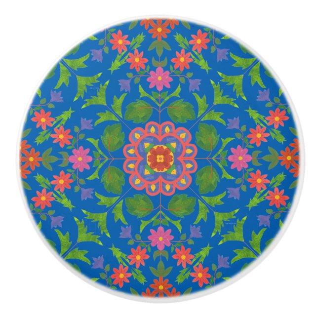 Floral Rangoli Pattern on Blue Ceramic Knob (Front)