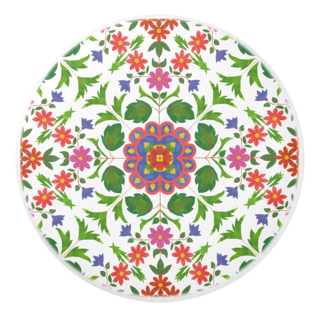Floral Rangoli Pattern on White Ceramic Knob (Front)