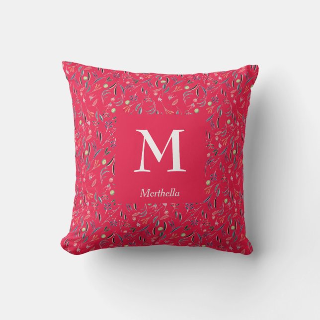 FLORAL Raspberry | Personalized | MONOGRAM Throw Pillow (Front)