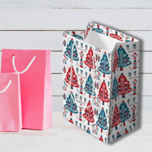 Floral Red and Blue Scandinavian Christmas Tree Medium Gift Bag