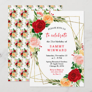 Floral Red and Orange Roses Birthday Invitation