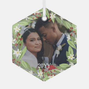 Floral Red Berries Greenery Wreath Photo Glass Ornament