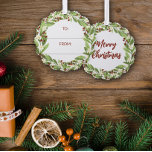 Floral Red Berry Greenery Wreath To From Ornament Card<br><div class="desc">Beautiful floral Christmas gift tag with a wreath of sage green greenery,  white flowers,  and red berries where you can write to whom and from whom the Christmas gift is.</div>