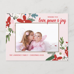 Floral Red Blush Pink Christmas Holiday Photo Card