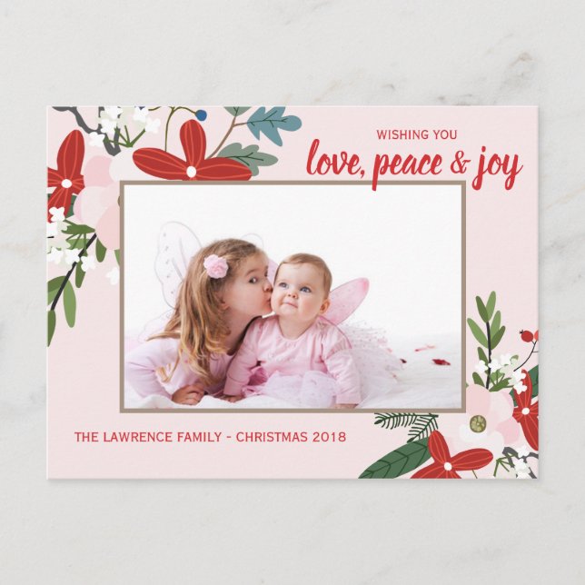 Floral Red Blush Pink Christmas Holiday Photo Card (Front)