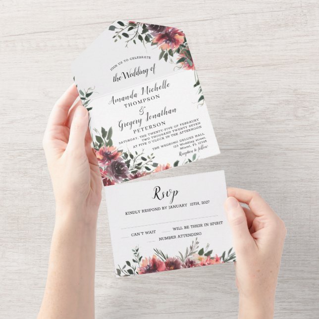 Floral Red Botanical Wedding  All In One Invitatio All In One Invitation (Tearaway)