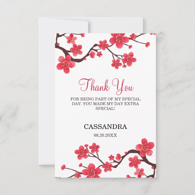 Floral Red Cherry Blossom Sakura Birthday Thank You Card (Front)